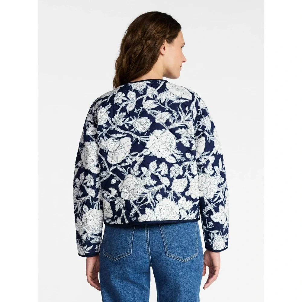 Time‎ Tru Quilted Jacket Women Navy White Floral Toile Gold Button Crewneck